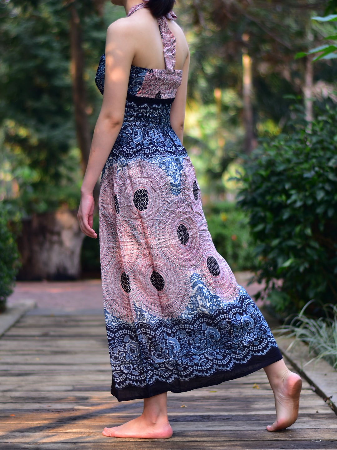 Bohotusk Light Pink & White Sun Glow Print Tie Neck Maxi Dress