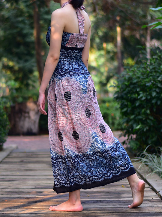 Bohotusk Light Pink & White Sun Glow Print Tie Neck Maxi Dress