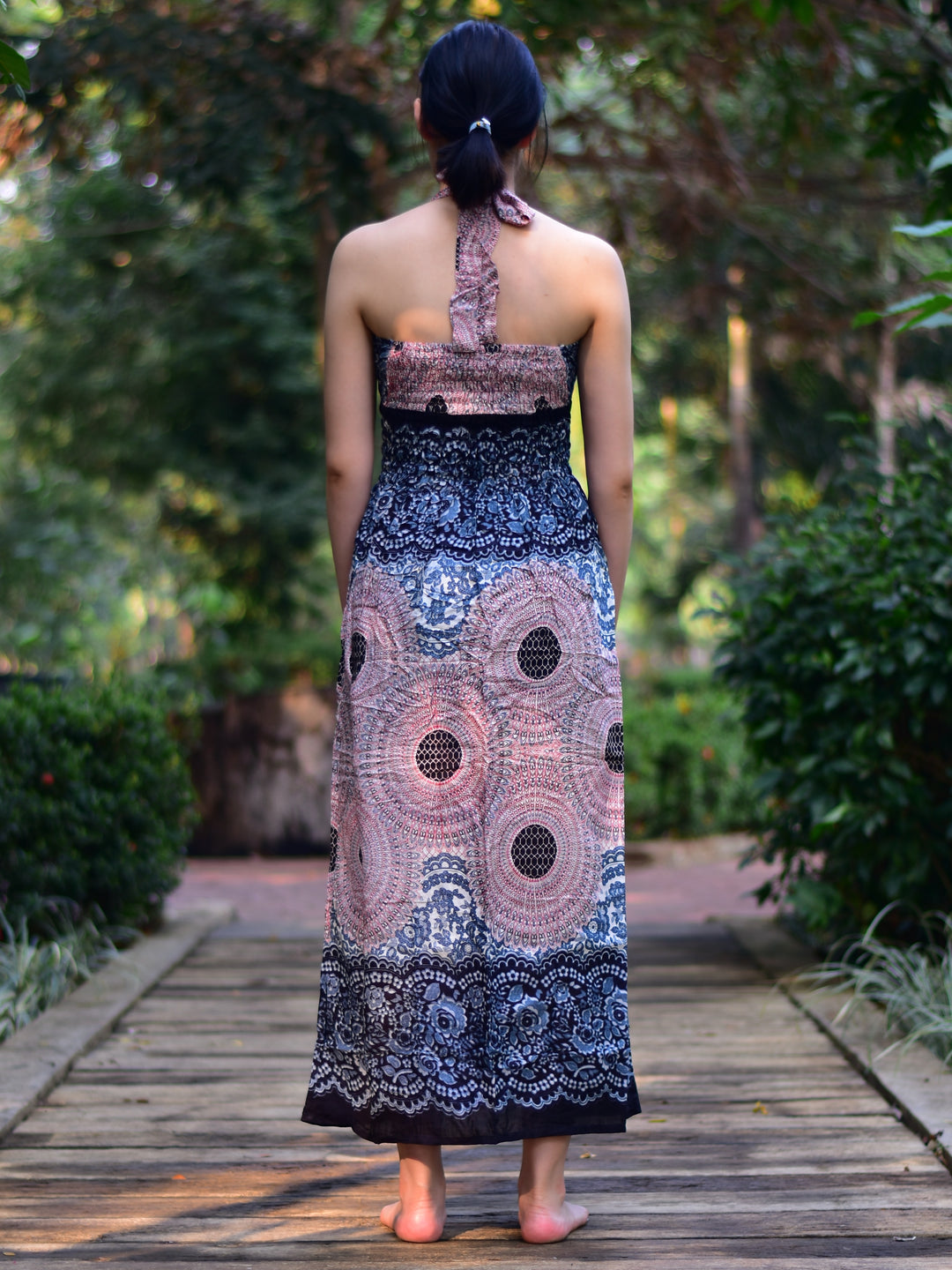 Bohotusk Light Pink & White Sun Glow Print Tie Neck Maxi Dress