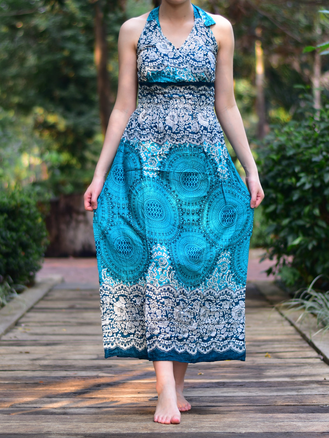 Bohotusk Teal Sun Glow Print Tie Neck Maxi Dress