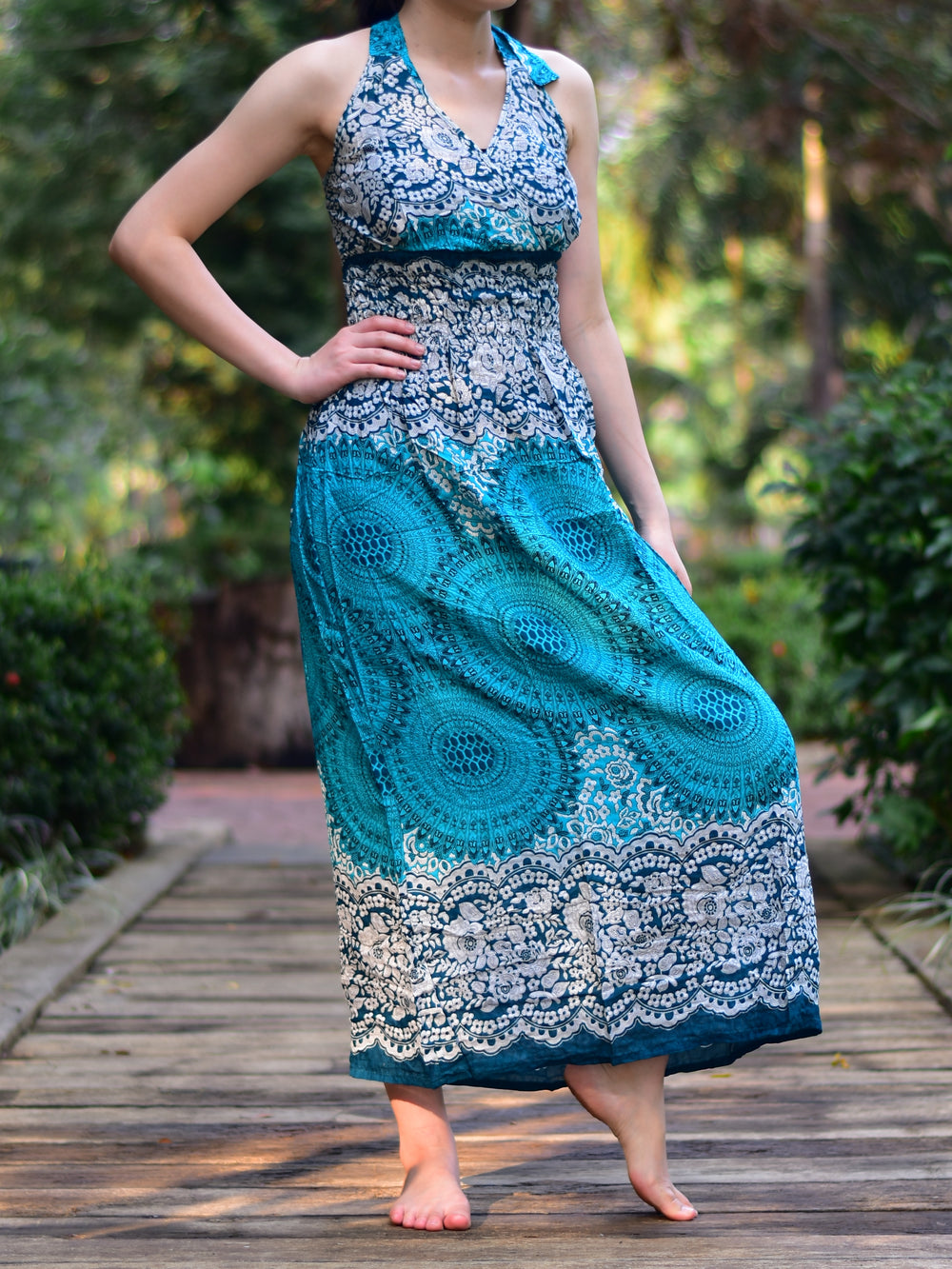 Bohotusk Teal Sun Glow Print Tie Neck Maxi Dress