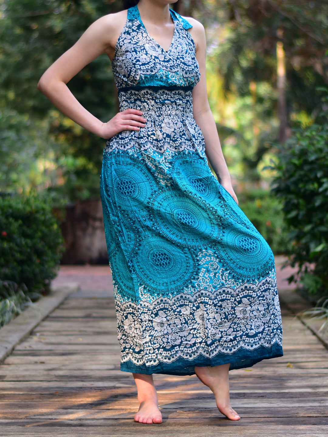 Bohotusk Teal Sun Glow Print Tie Neck Maxi Dress