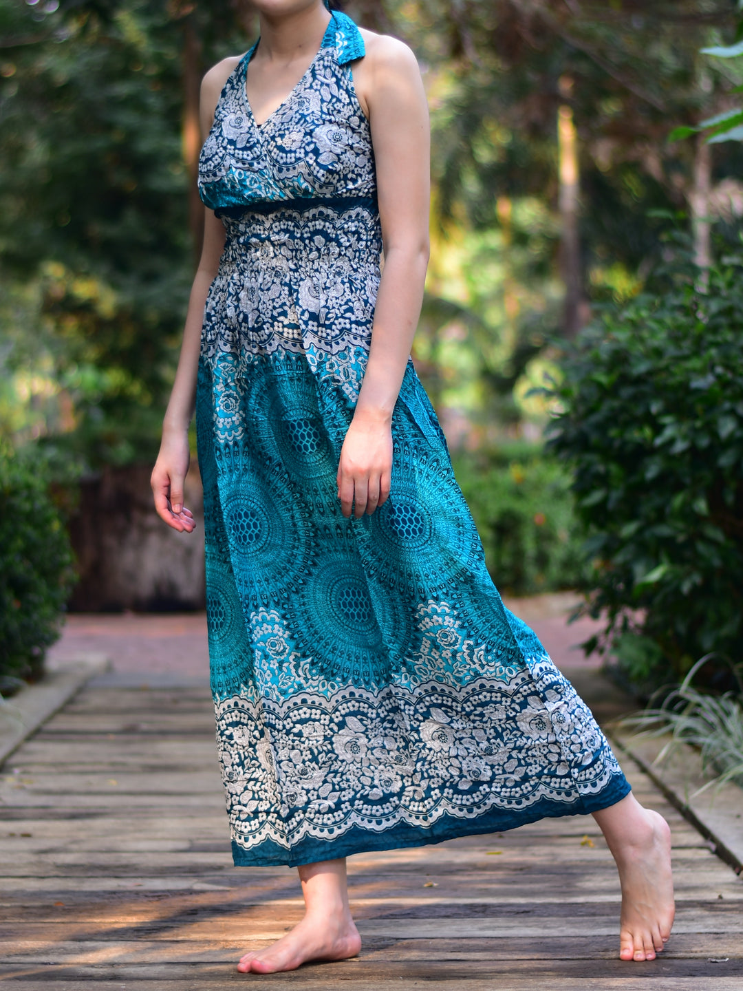 Bohotusk Teal Sun Glow Print Tie Neck Maxi Dress