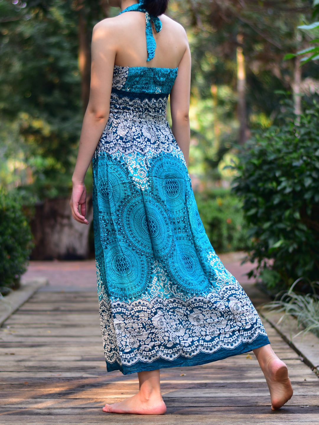 Bohotusk Teal Sun Glow Print Tie Neck Maxi Dress