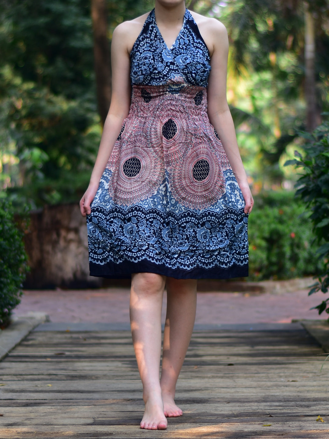 Bohotusk Light Pink & White Sun Glow Print Tie Neck Knee Length Dress