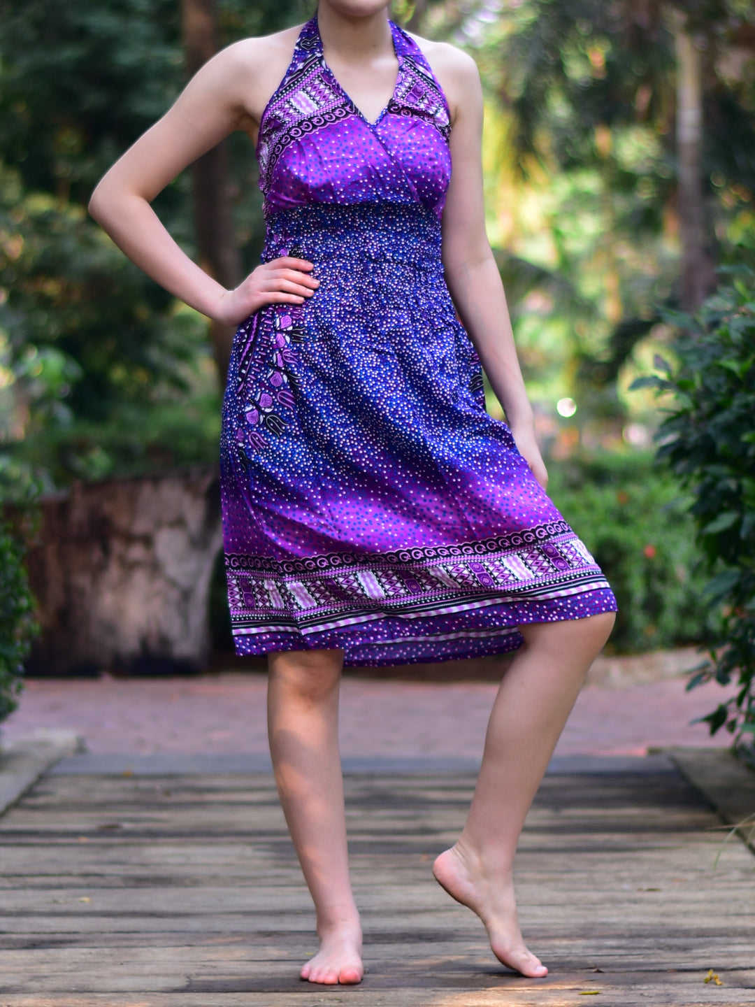 Bohotusk Purple Night Sky Tie Neck Knee Length Dress