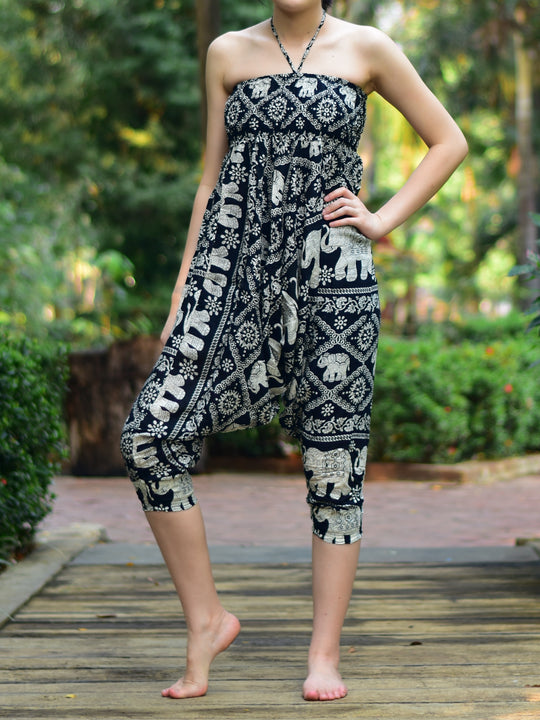 Bohotusk Black Elephant Plain Low Crotch Harem Pants Womens Elasticated Smocked Waist S/M to LXL