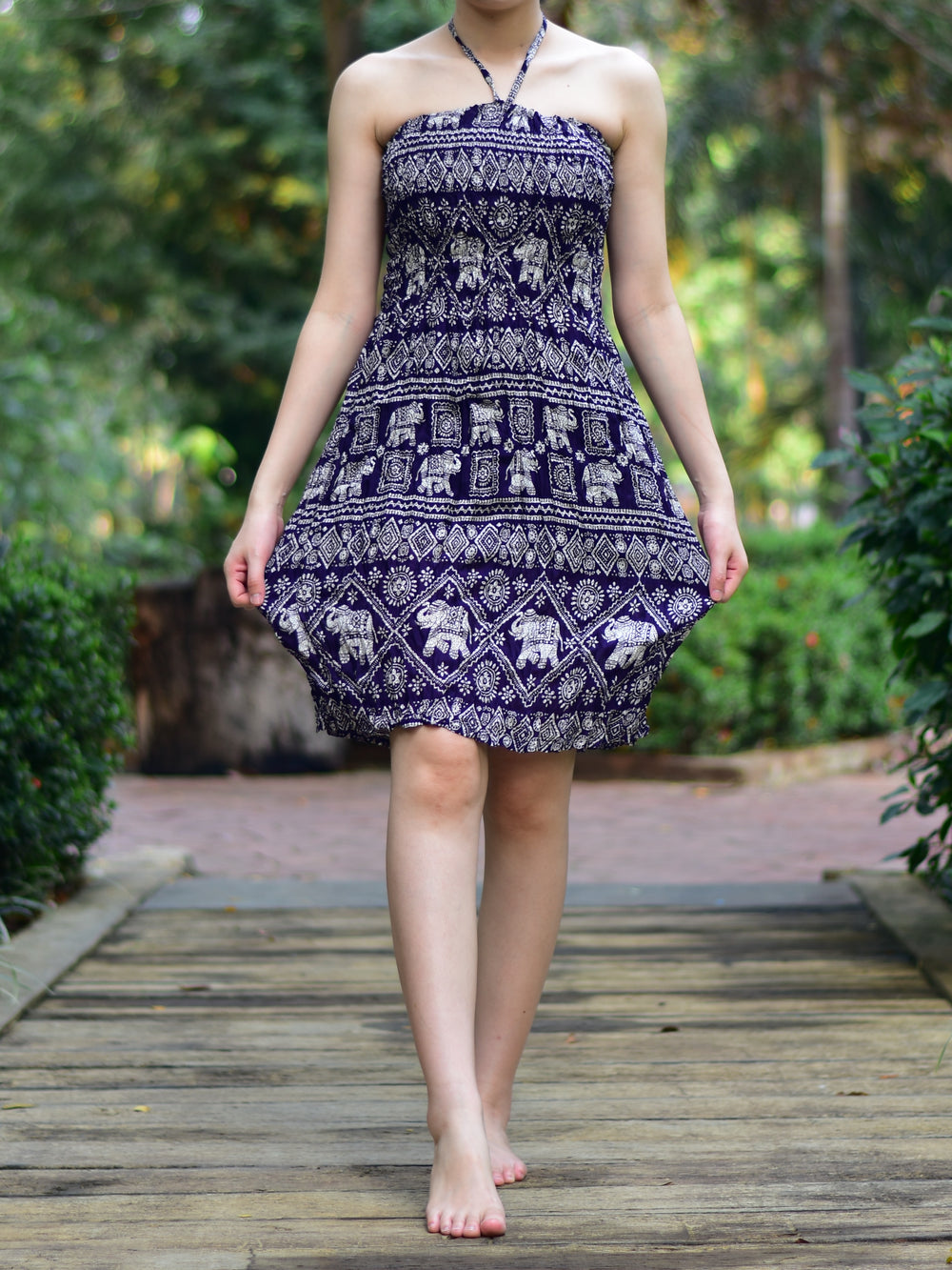 Bohotusk Navy Blue Elephant Print Short Mini Tube Dress With Tie Neck