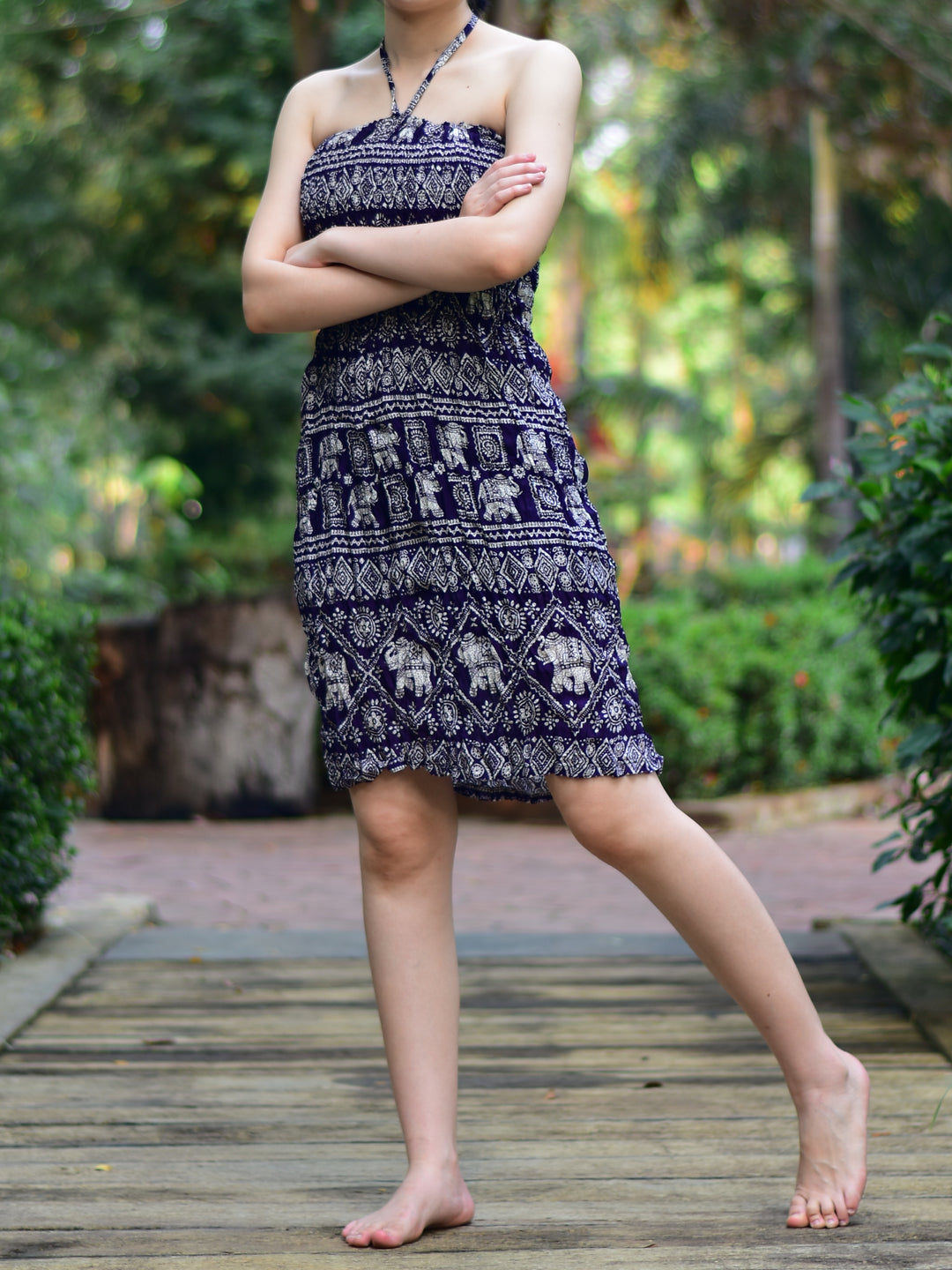 Bohotusk Navy Blue Elephant Print Short Mini Tube Dress With Tie Neck