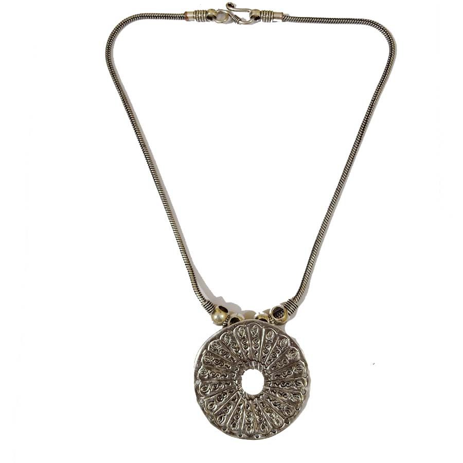 Bohotusk Round Shield Oxidised Silver Pendant Necklace