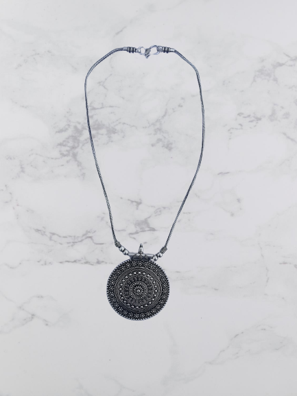 Bohotusk Large Round Silver Shield Pendant Necklace