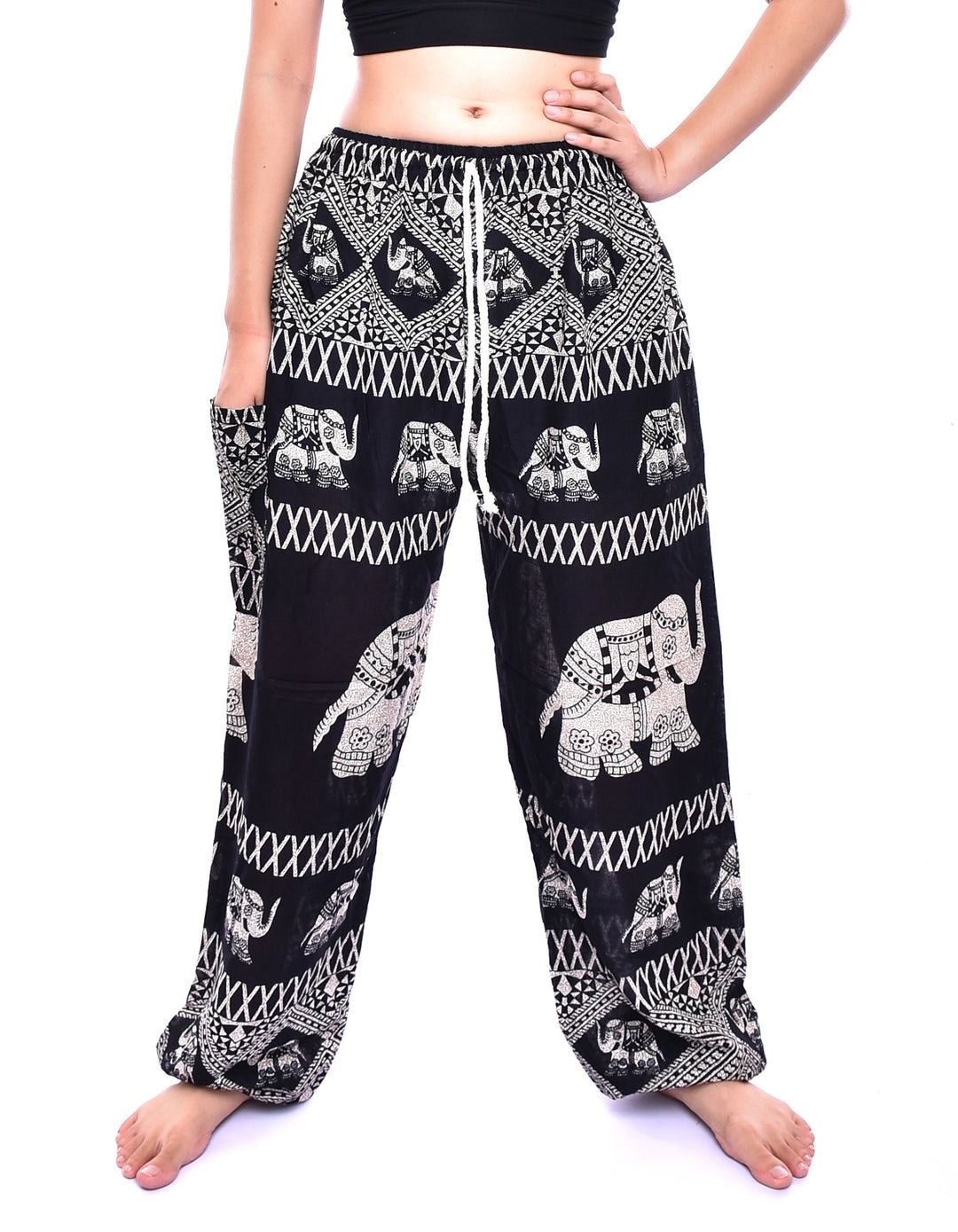 Bohotusk Girls Black Elephant Bull Drawstring Waist Harem Pants (6 - 8 Years)